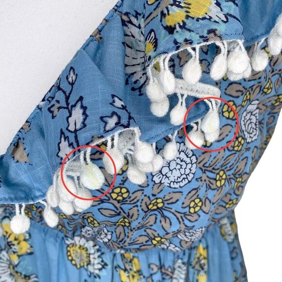 Zimmermann Caravan Tiered Sun Dress Splice Blue Floral Ruffle Pom Pom Trim Mini - Picture 11 of 13
